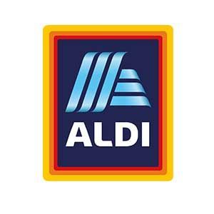 The aldi logo is blue and white with a yellow border.