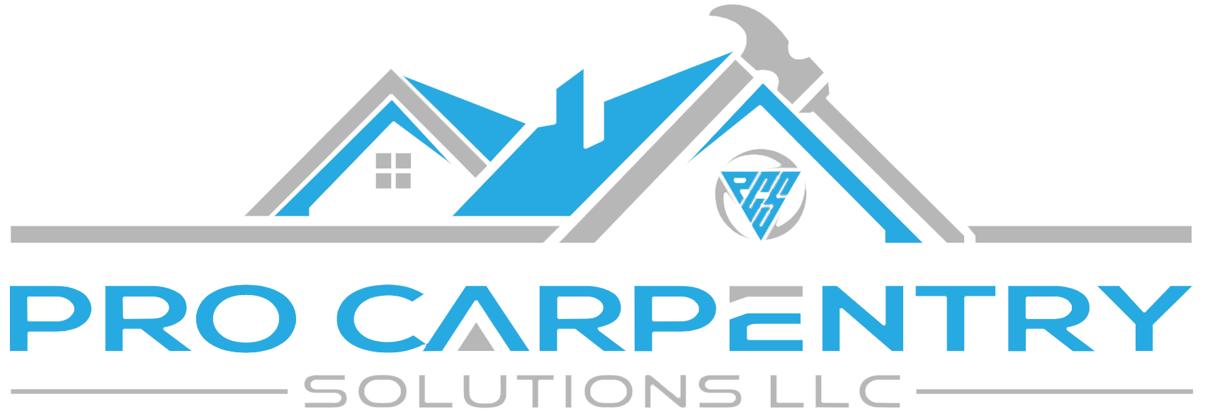 Logo of a carpentry company with blue house icons, a hammer, and text 