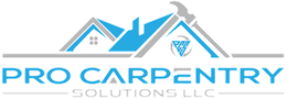 Logo of a carpentry company with blue house icons, a hammer, and text 