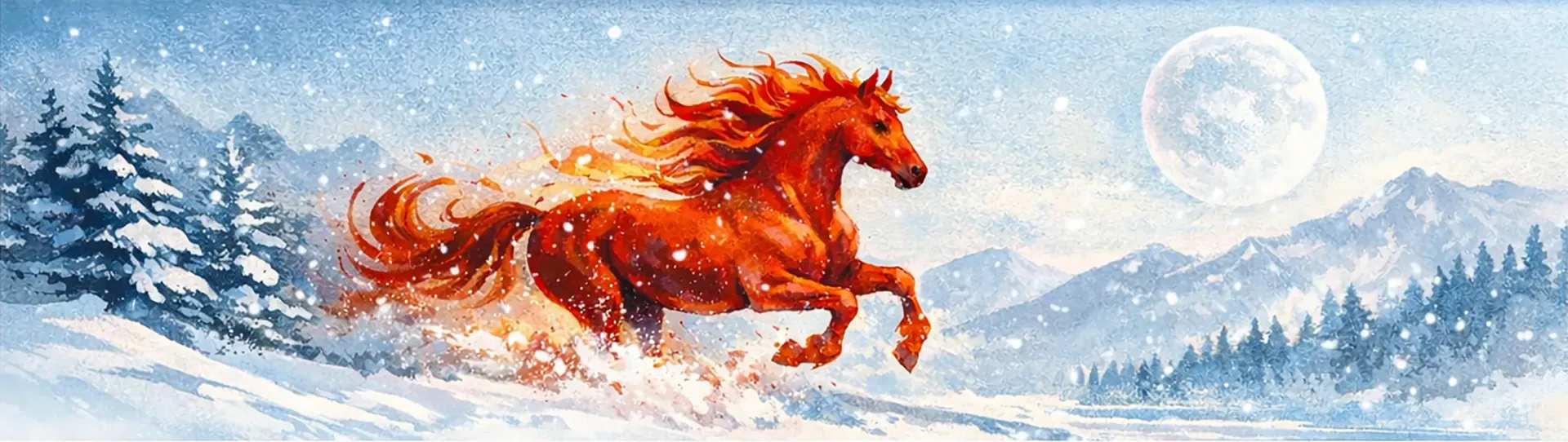 Fiery red horse in snow: 2026 Bing Wu year energy for TCM and Bazi health analysis.