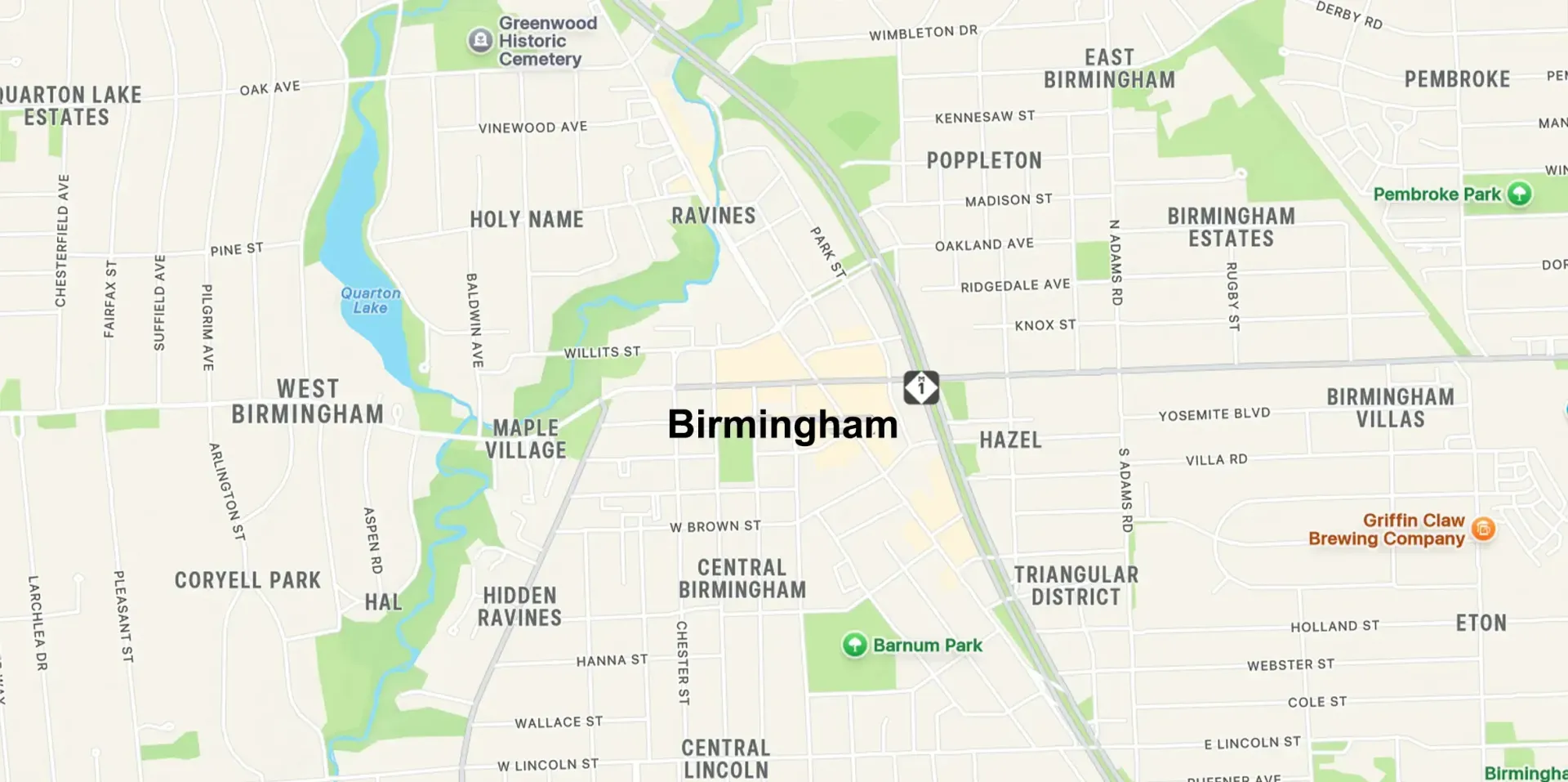 Map of Birmingham, Michigan linking to nearby auricular acupuncture services page.