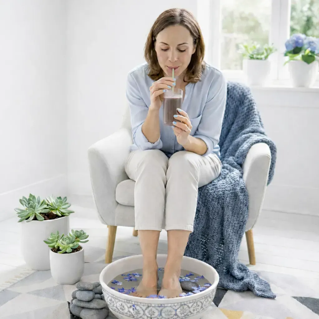 Cooling the Fire: Soaking the feet and sipping black sesame tonic to nourish the Kidneys. Woman using Epsom salt foot soak and black sesame tea to nourish Kidney Yin for 2026 Fire Horse anxiety