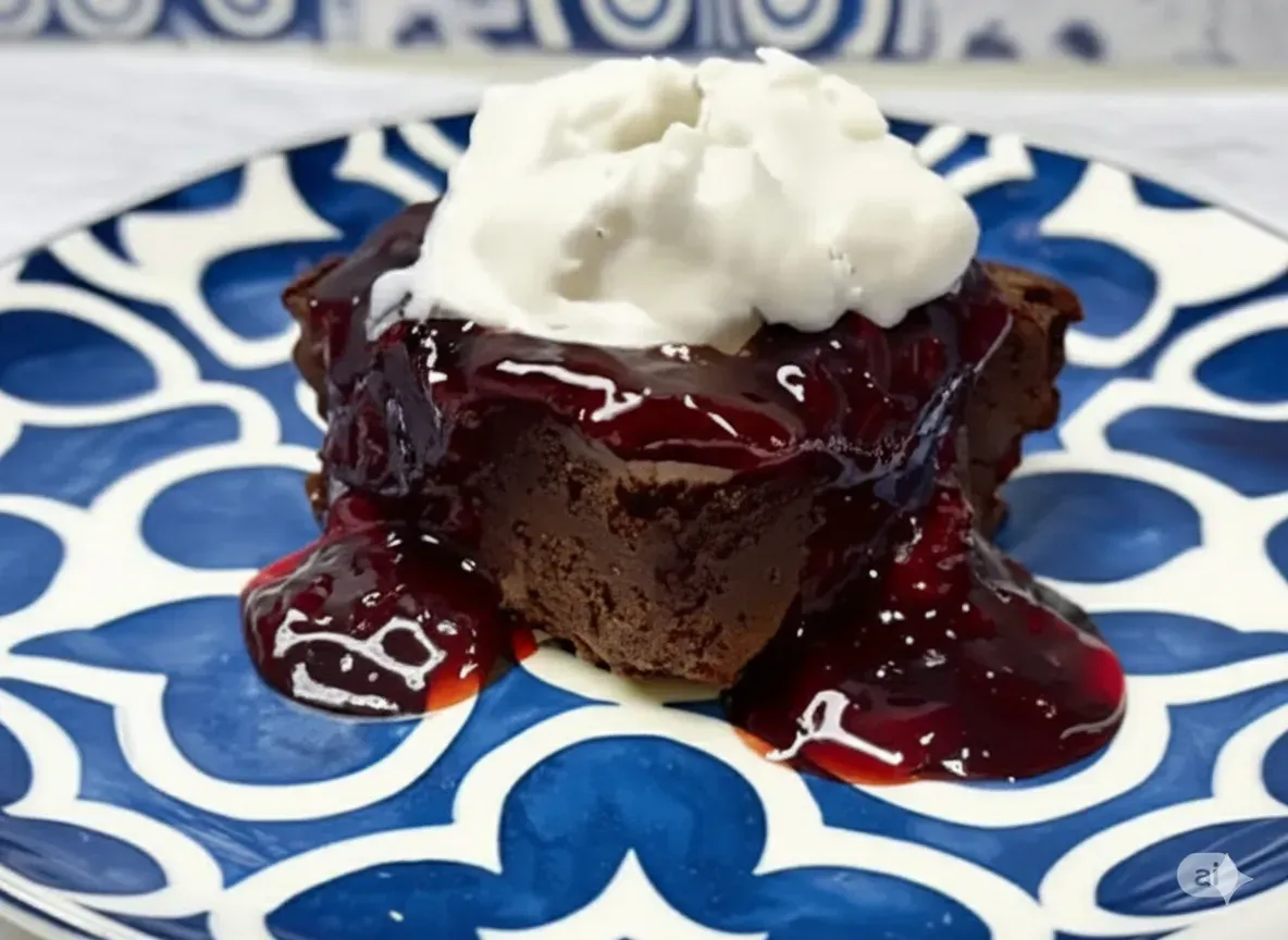 spleen strengthening black bean brownies, Chocolate cake with cherry sauce plated.