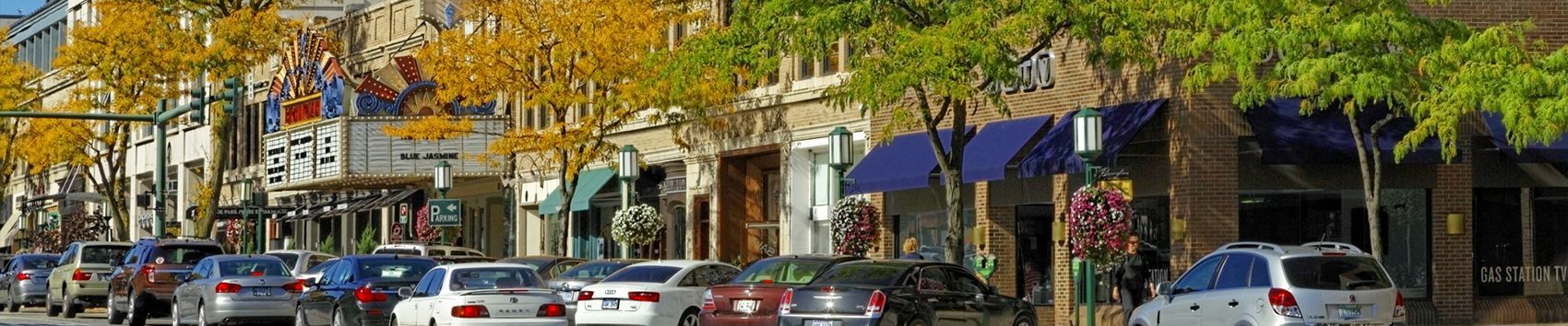 Street view of the historic Birmingham 8 theater in downtown Birmingham, MI, showing its restored 1927 Art Deco facade.