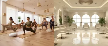 Yoga studio class and salon space shown as examples of venues for on-site wellness events.