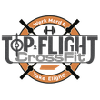 Logo for Top Flight CrossFit: Orange and gray with crossed black objects, a barbell, and the words "Werk Hard & Take Flight" and "CrossFit".