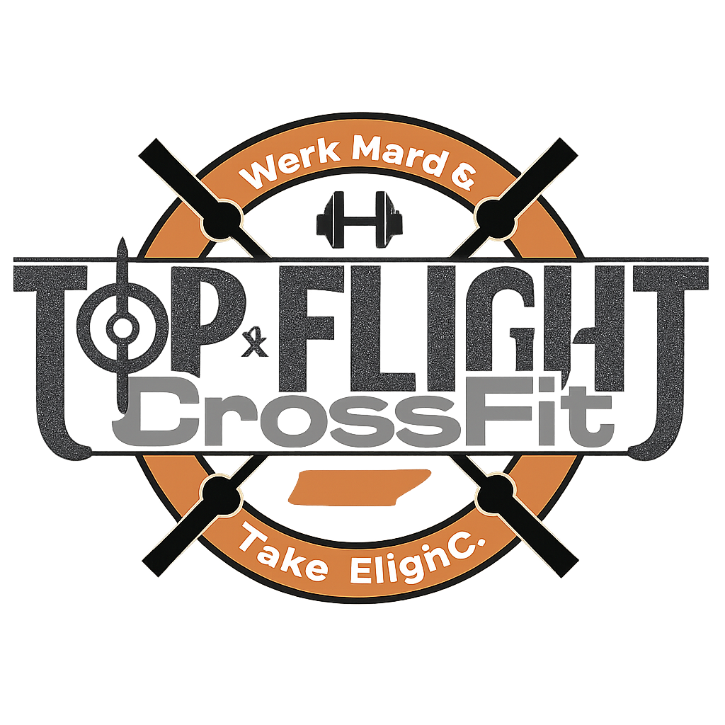 Logo for Top Flight CrossFit: Orange and gray with crossed black objects, a barbell, and the words "Werk Hard & Take Flight" and "CrossFit".