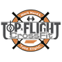Logo for Top Flight CrossFit: Orange and gray with crossed black objects, a barbell, and the words "Werk Hard & Take Flight" and "CrossFit".