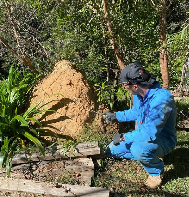 A Man in a Protective Suit is Spraying a Wall With a Spray Bottle — Country to Coast Pest Control In Sawtell, NSW