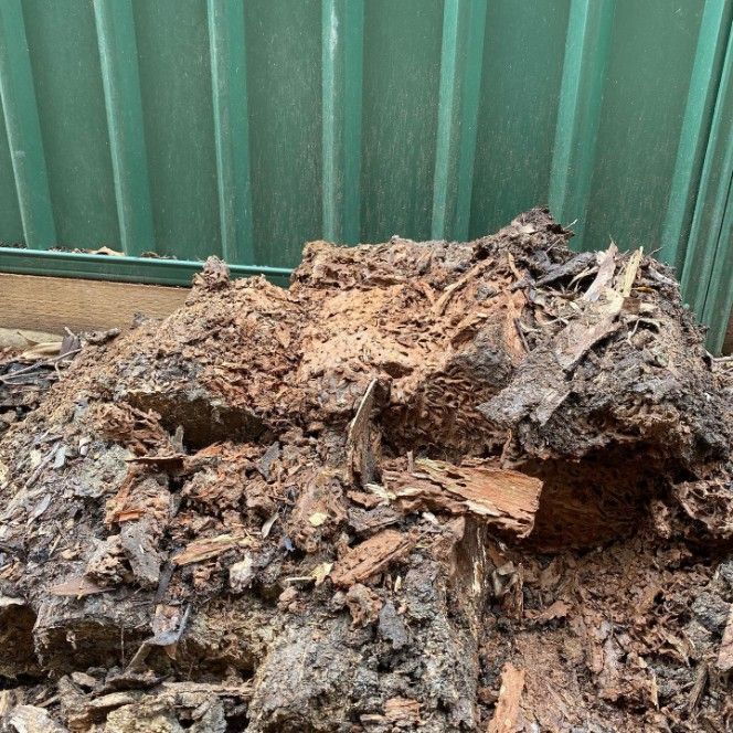 A Pile of Wood Chips is Sitting in Front of a Green Fence — Country to Coast Pest Control In Urunga, NSW