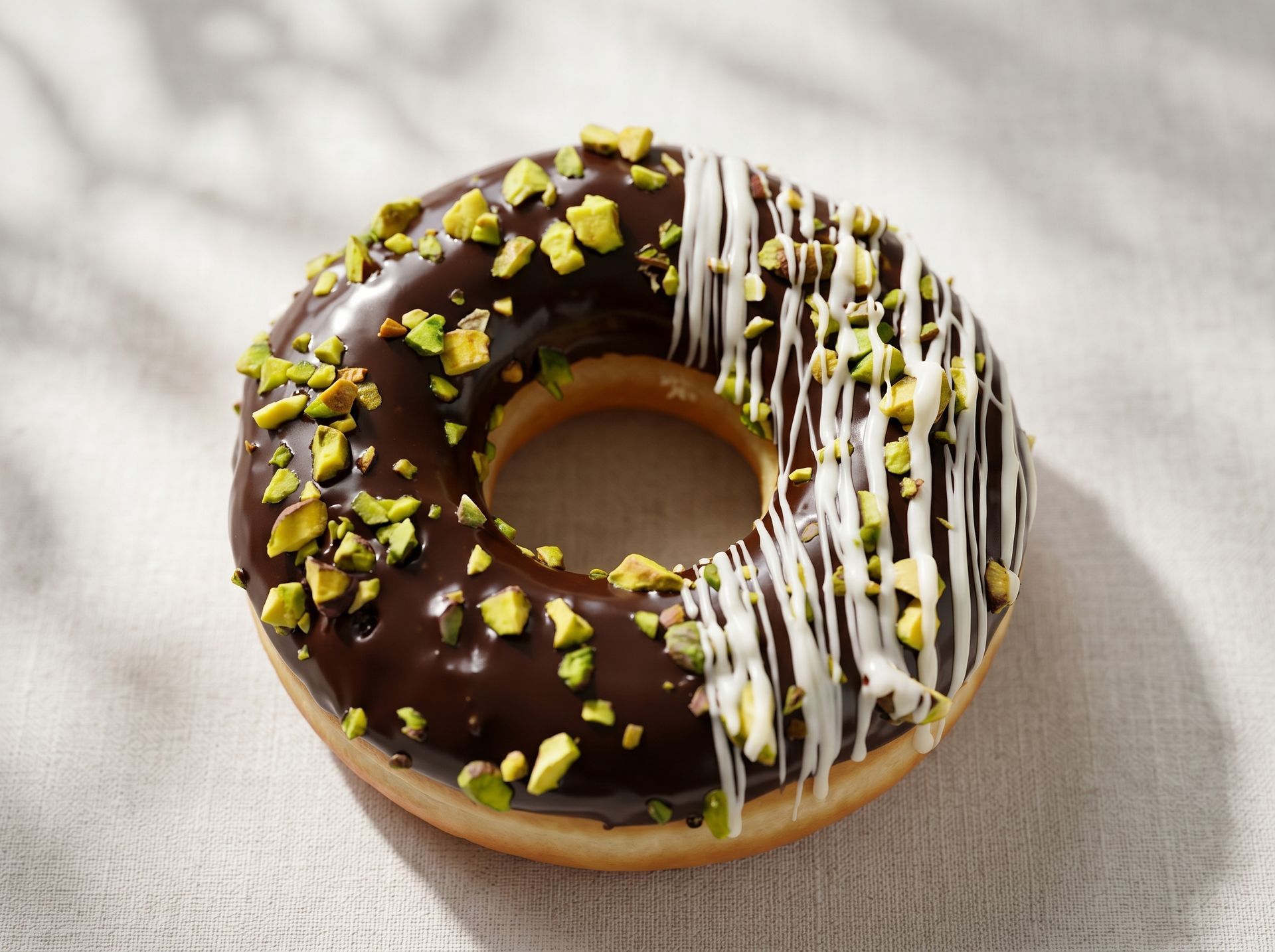 Chocolate-glazed donut topped with chopped nuts and white drizzle on a light cloth surface