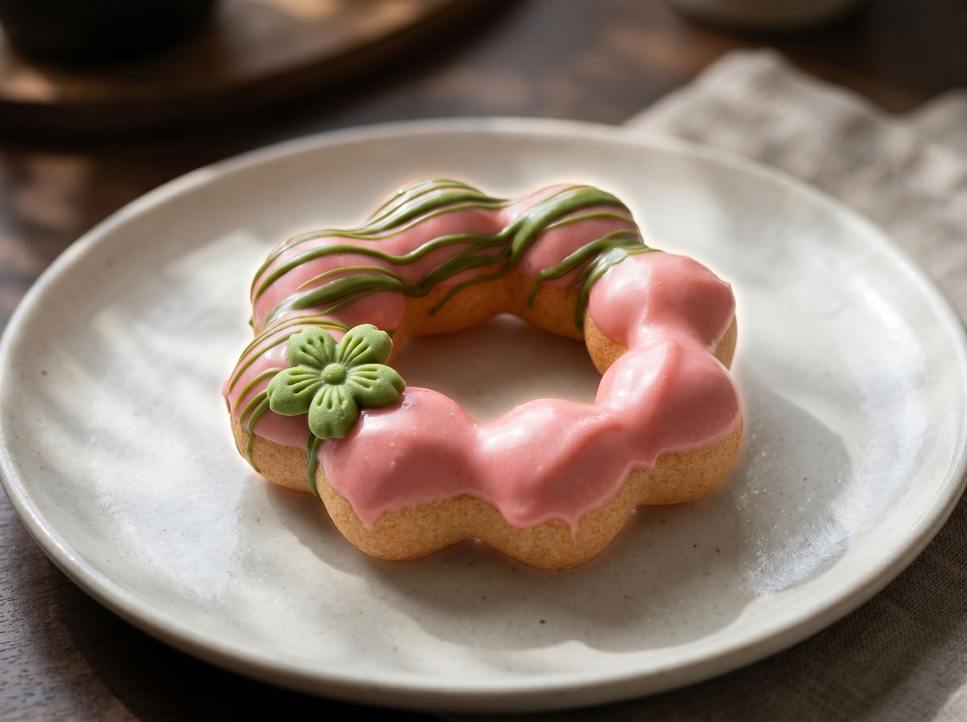 Pink-frosted flower-shaped cookie on a white plate, topped with green icing leaves