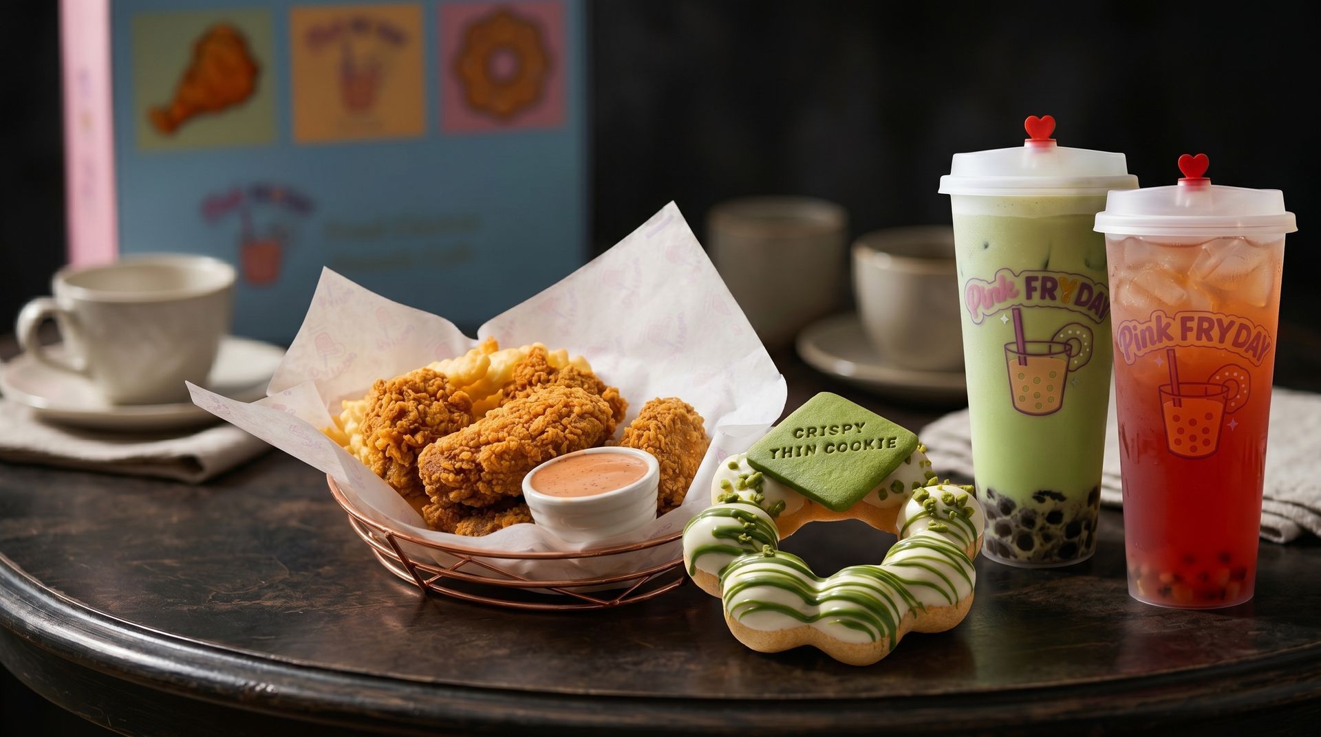 Fried chicken basket with dipping sauce, salad, and two bubble teas on a café table.