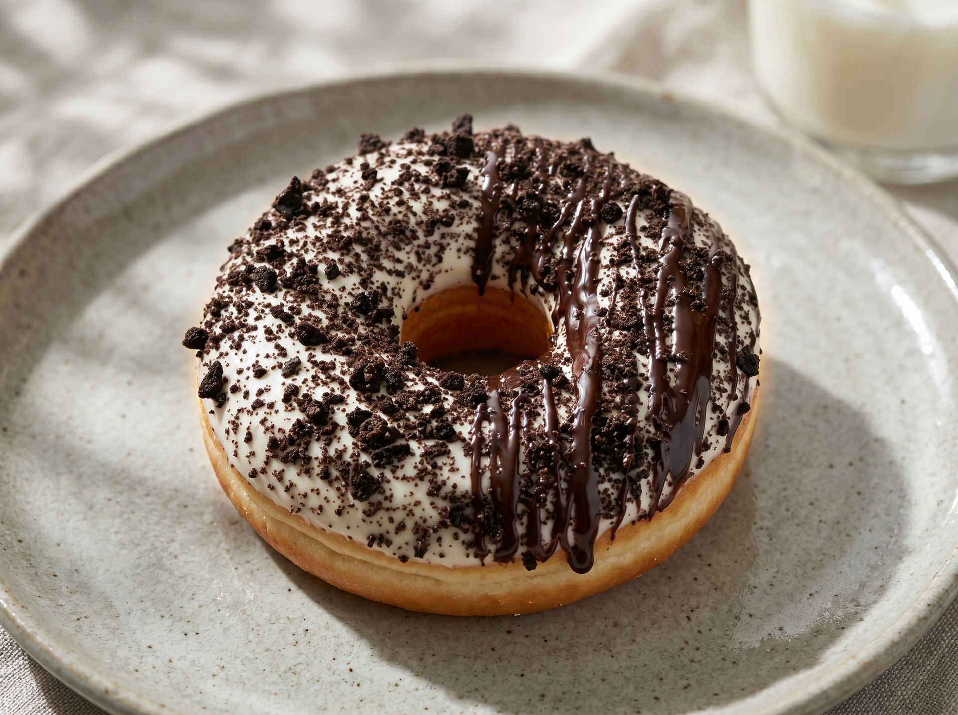 Chocolate-sprinkled donut with dark chocolate drizzle on a gray plate