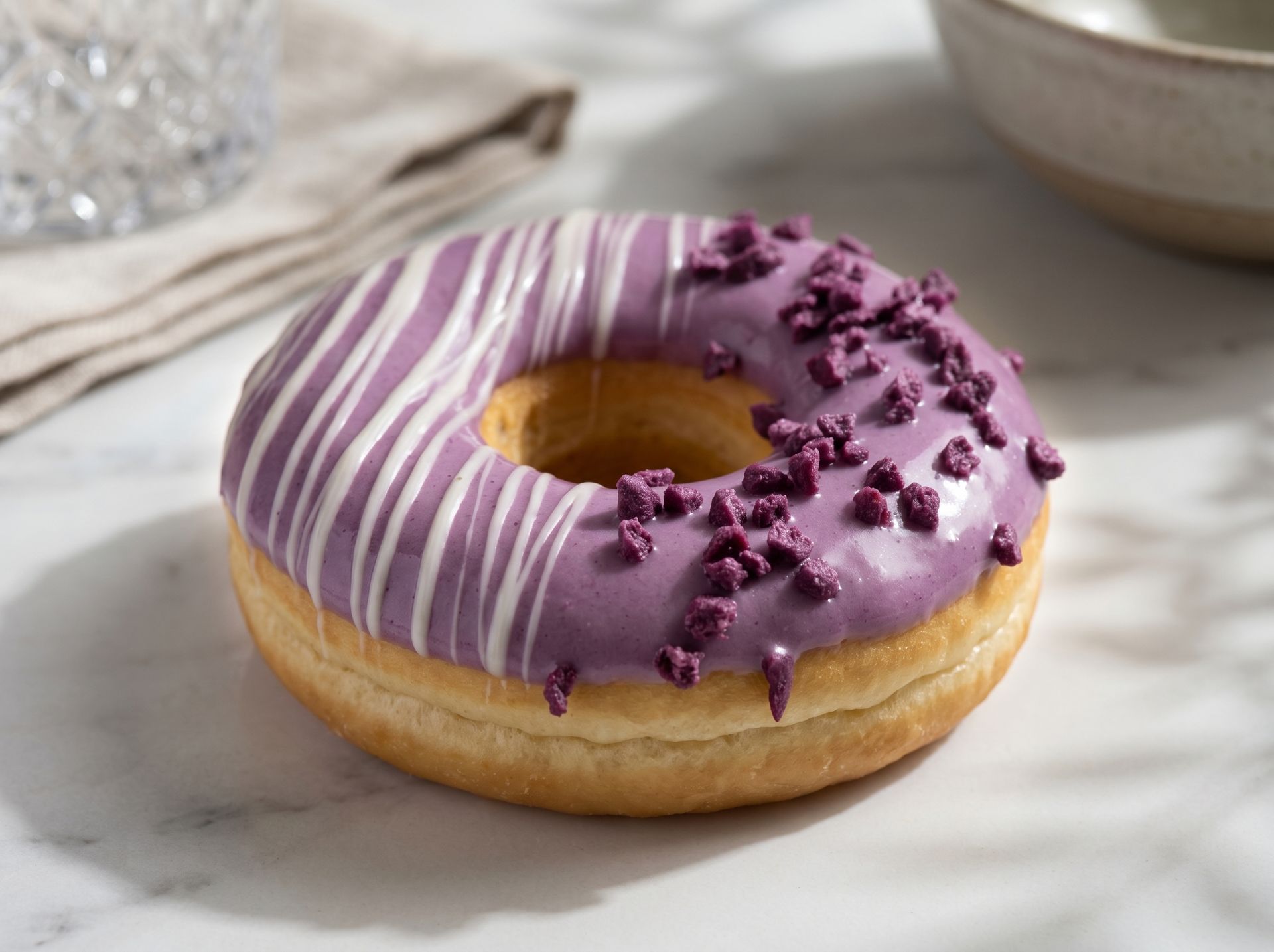 Purple-frosted donut with white drizzle and sprinkles on a marble surface