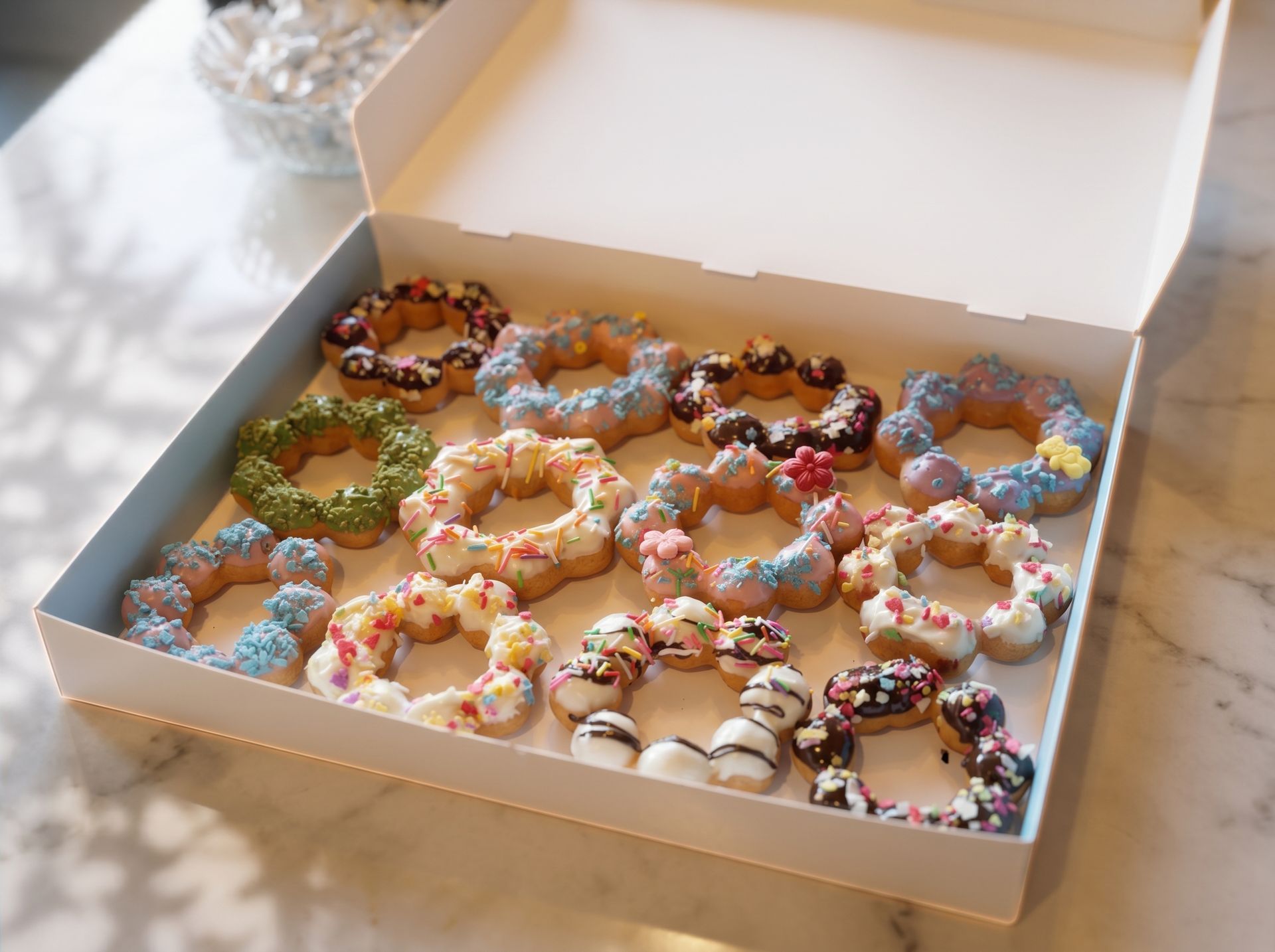 Box of assorted colorful frosted donuts on a table