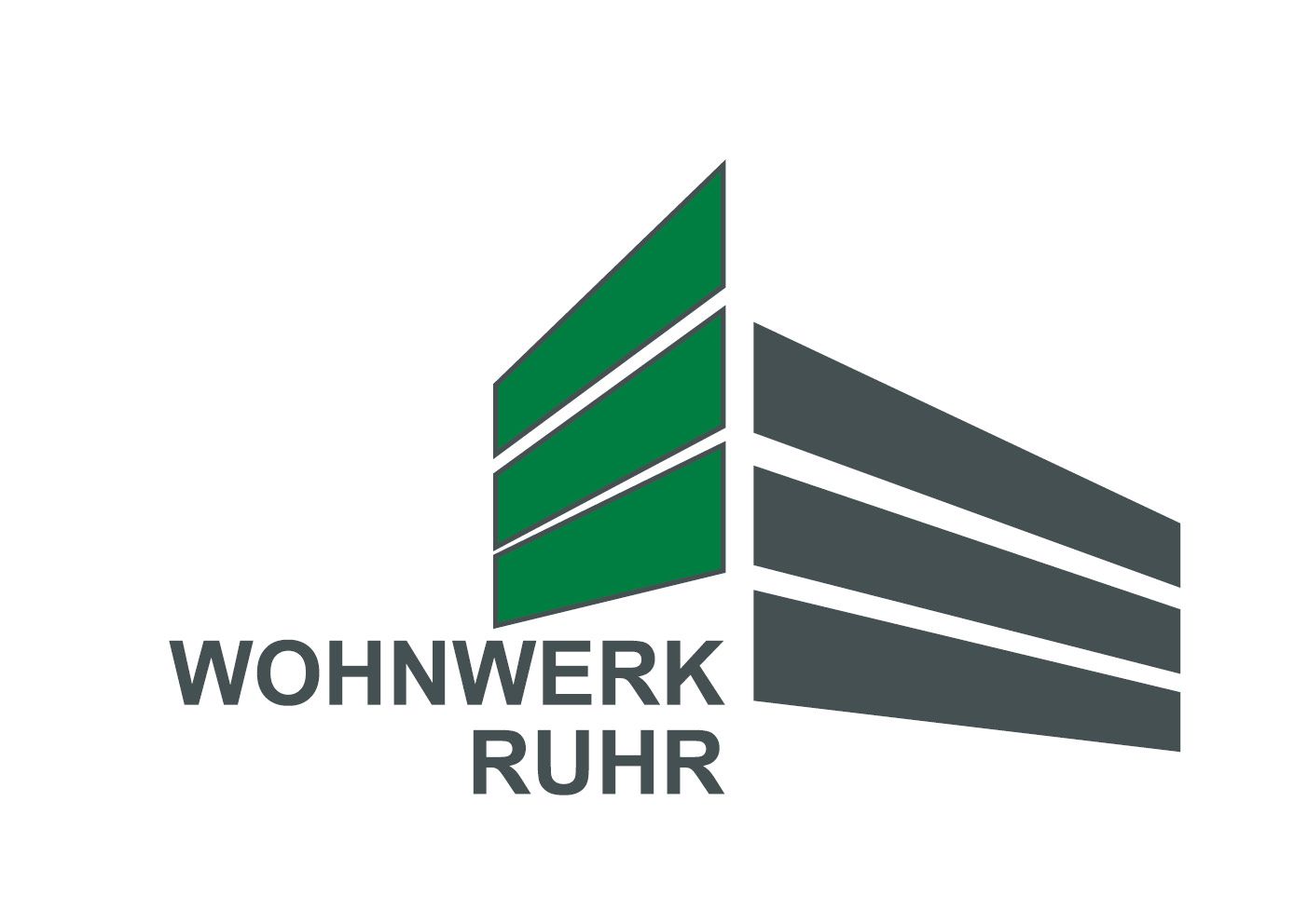 Logo für Wohnwerk Ruhr: Zwei stilisierte Gebäude, eines grün und eines grau, mit Text darunter.