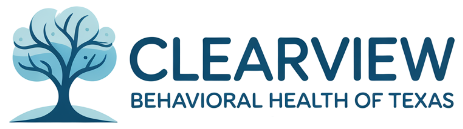 Logo for Clearview Behavioral Health of Texas. Features a blue tree icon and the text 