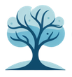 Blue stylized tree with layered canopy and trunk on a light blue ground.