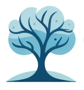 Blue stylized tree with layered canopy and trunk on a light blue ground.