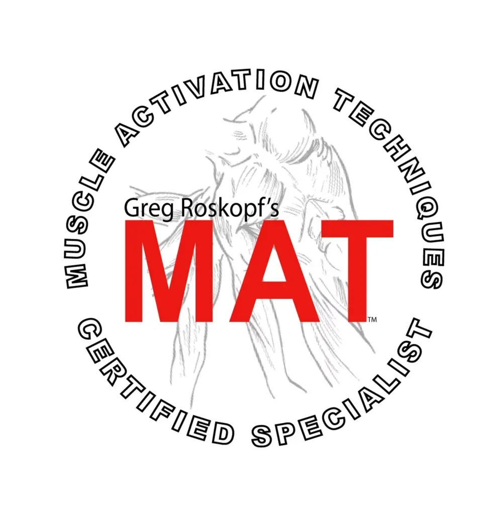 Two logos for Muscle Activation Techniques (MAT). One is black and red, the other circular.