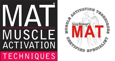 Two logos for Muscle Activation Techniques (MAT). One is black and red, the other circular.