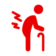 Red icon of person bent over, with back pain and cane.