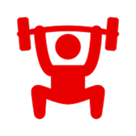 Red stick figure squatting and lifting a barbell overhead.