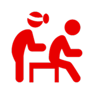 Red graphic of person receiving a massage from another person, both figures simplified.