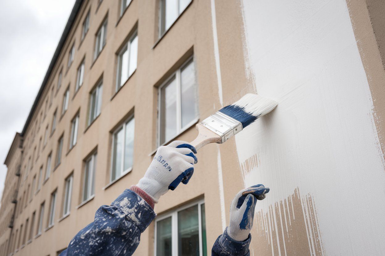 A person is painting a building with a brush.