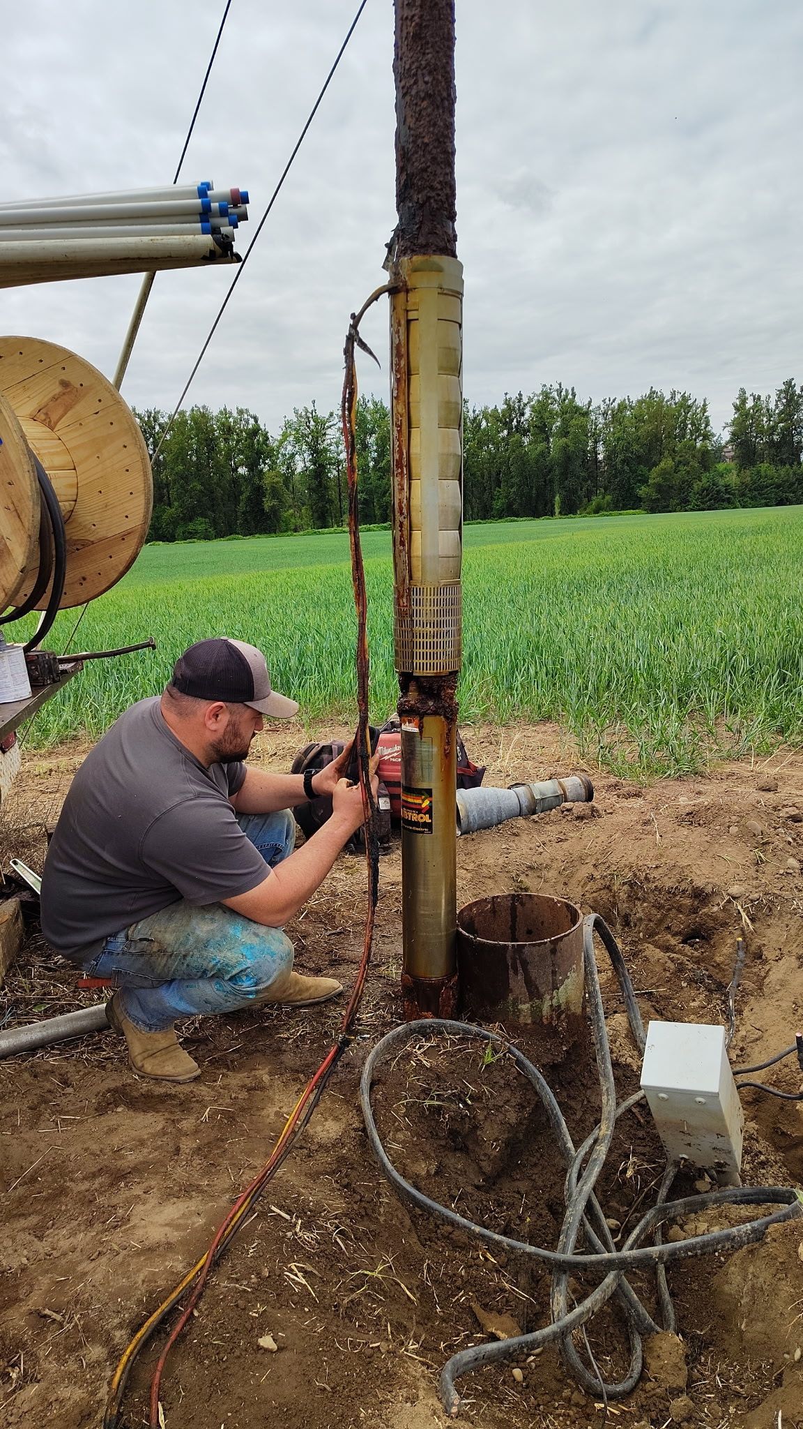 Blue water pump connected to blue pipes and a metal tank, outdoors.