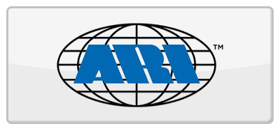 Blue "ARI" logo within a globe outline, on a glossy white rectangle.