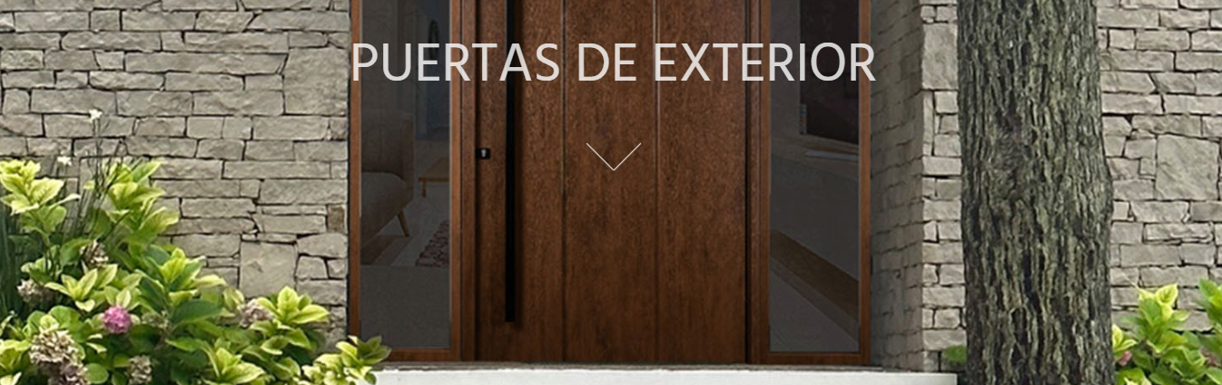 Un edificio de ladrillo con una puerta de madera que dice puertas de exterior