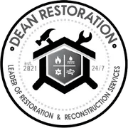 Dean Restoration logo: black and white emblem with tools and icons. Text says "Leader of Restoration & Reconstruction