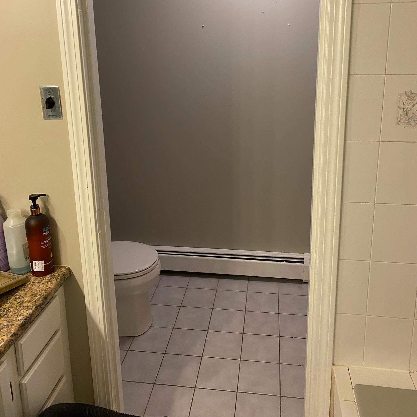Bathroom doorway leads to a toilet, wall-mounted heating unit, and tile flooring. Beige and gray colors dominate.