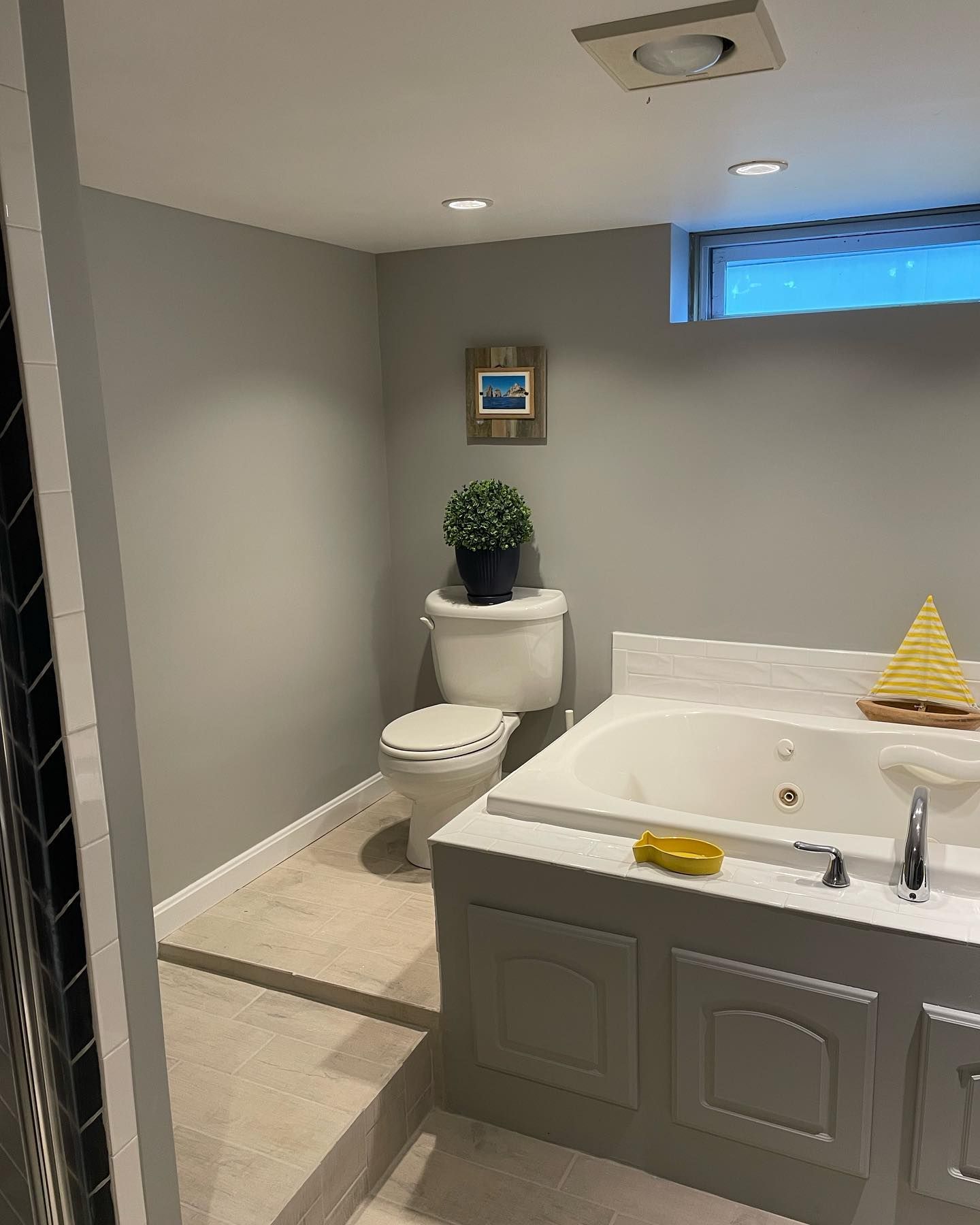 Bathroom with toilet, tub, and cabinet. Gray walls, small window, and potted plant.