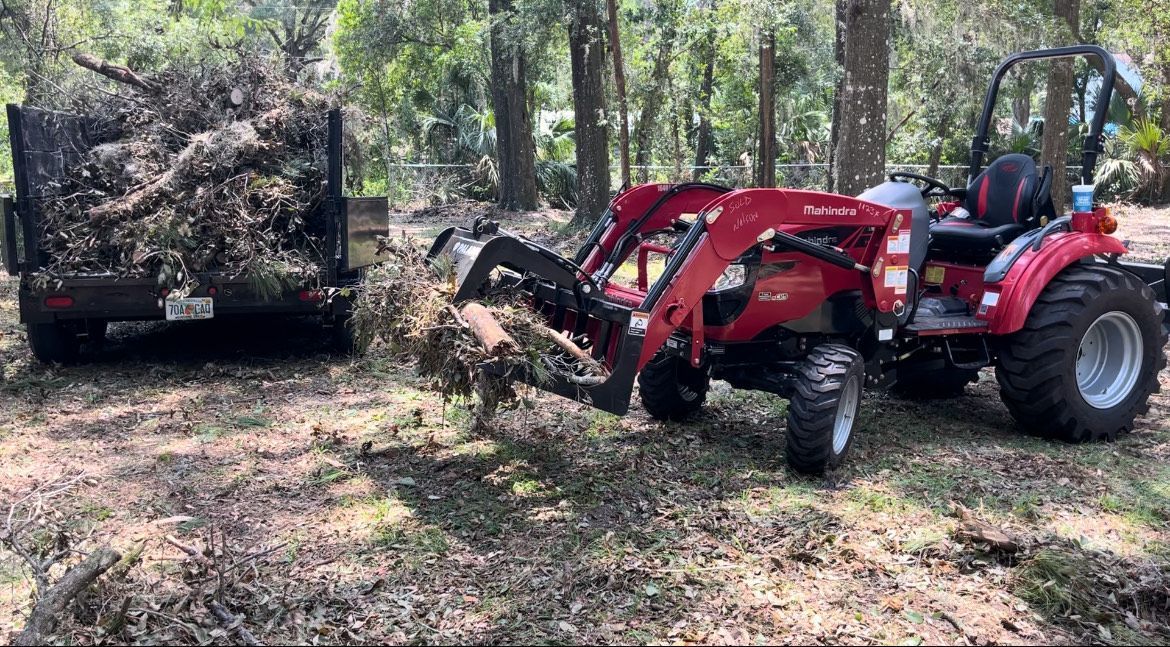 A red tractor is pulling a trailer full of logs in the woods.