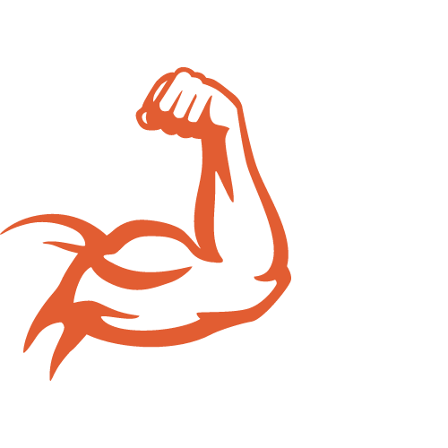 A silhouette of a muscular arm with a fist in the air.