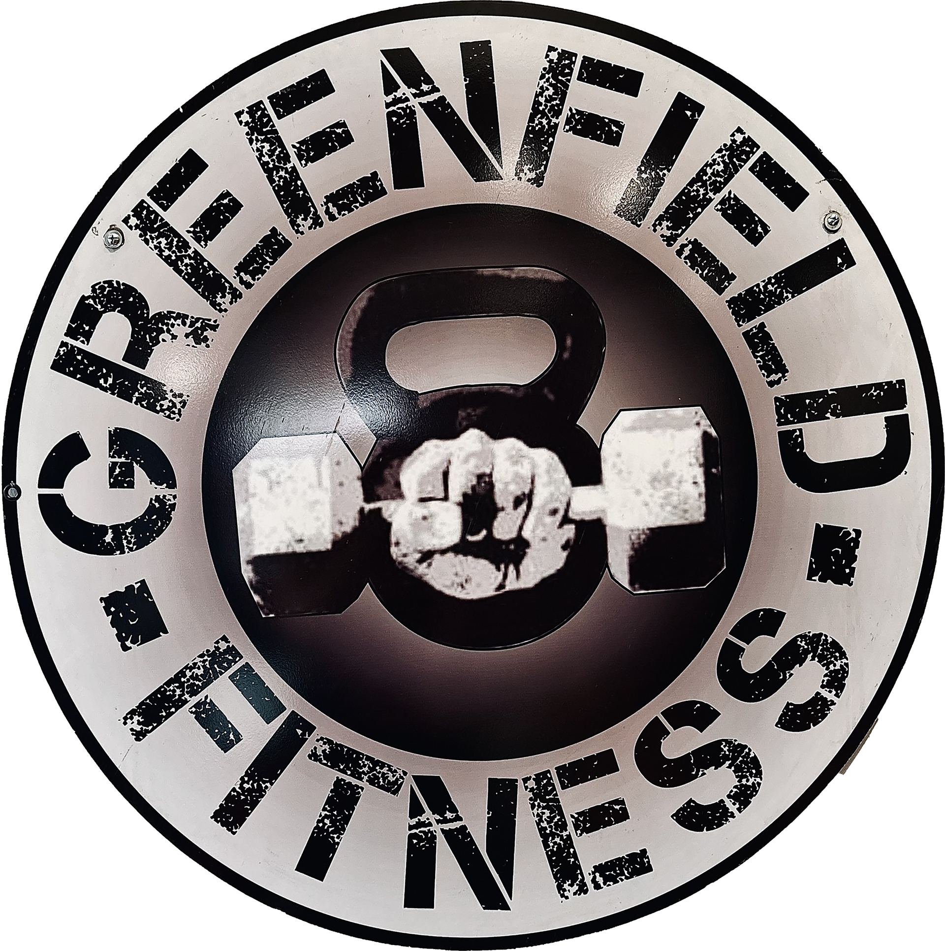 A logo for greenfield fitness with a hand holding a dumbbell 1