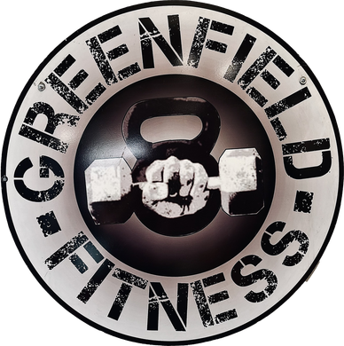 A logo for greenfield fitness with a hand holding a dumbbell