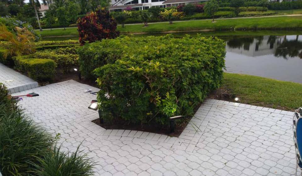 A patio with a hedge and a pond in the background.