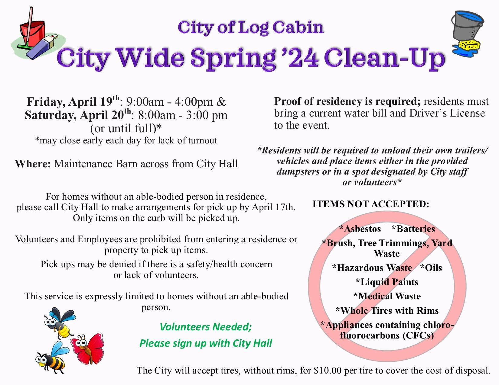 A poster for the city of log cabin city wide spring '24 clean-up