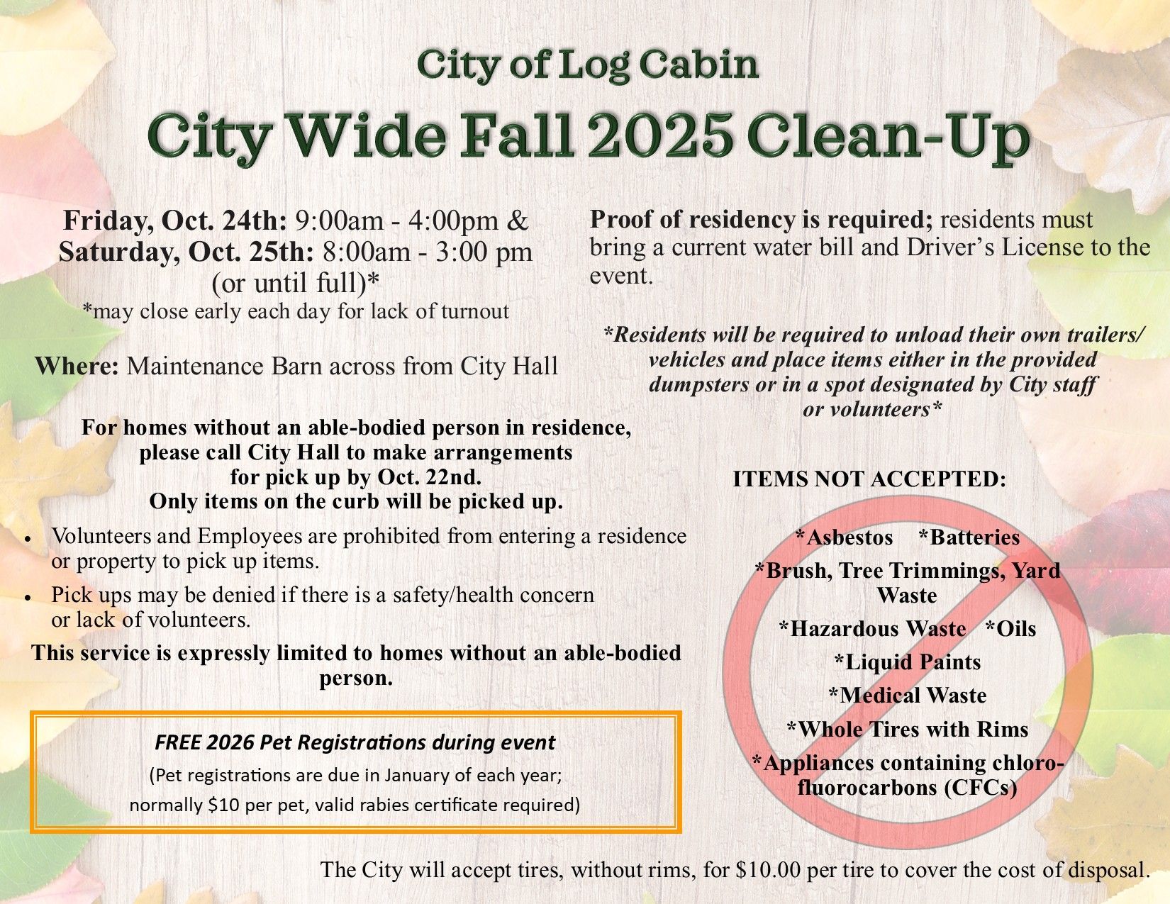 A poster for the city of log cabin city wide spring '24 clean-up