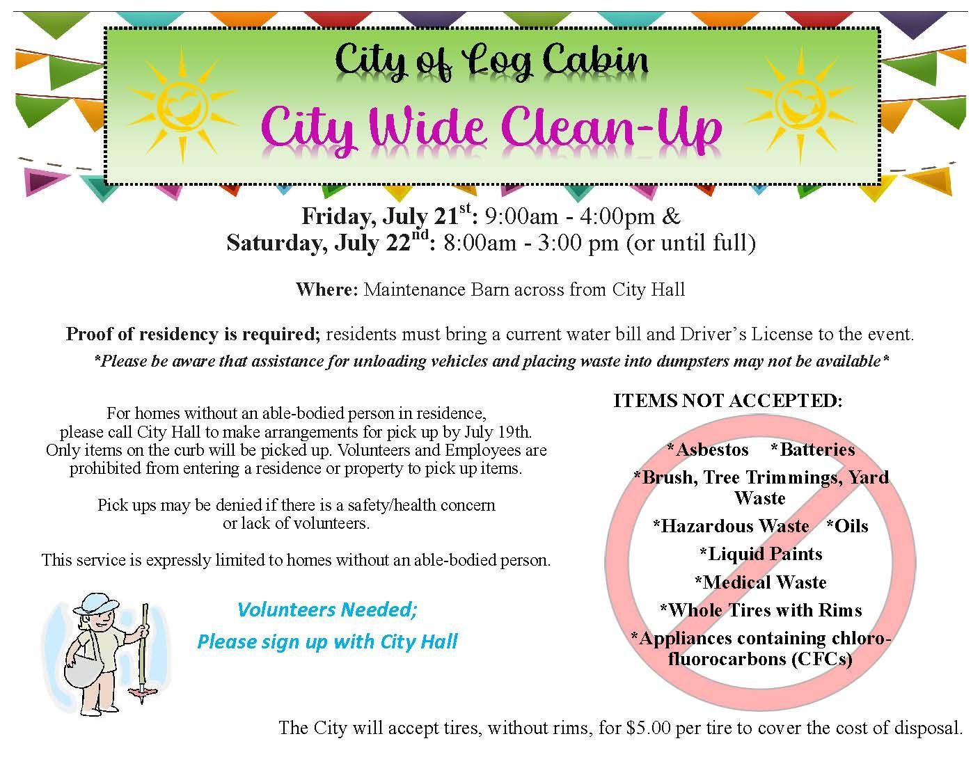 A poster for the city of long cabin city wide clean up