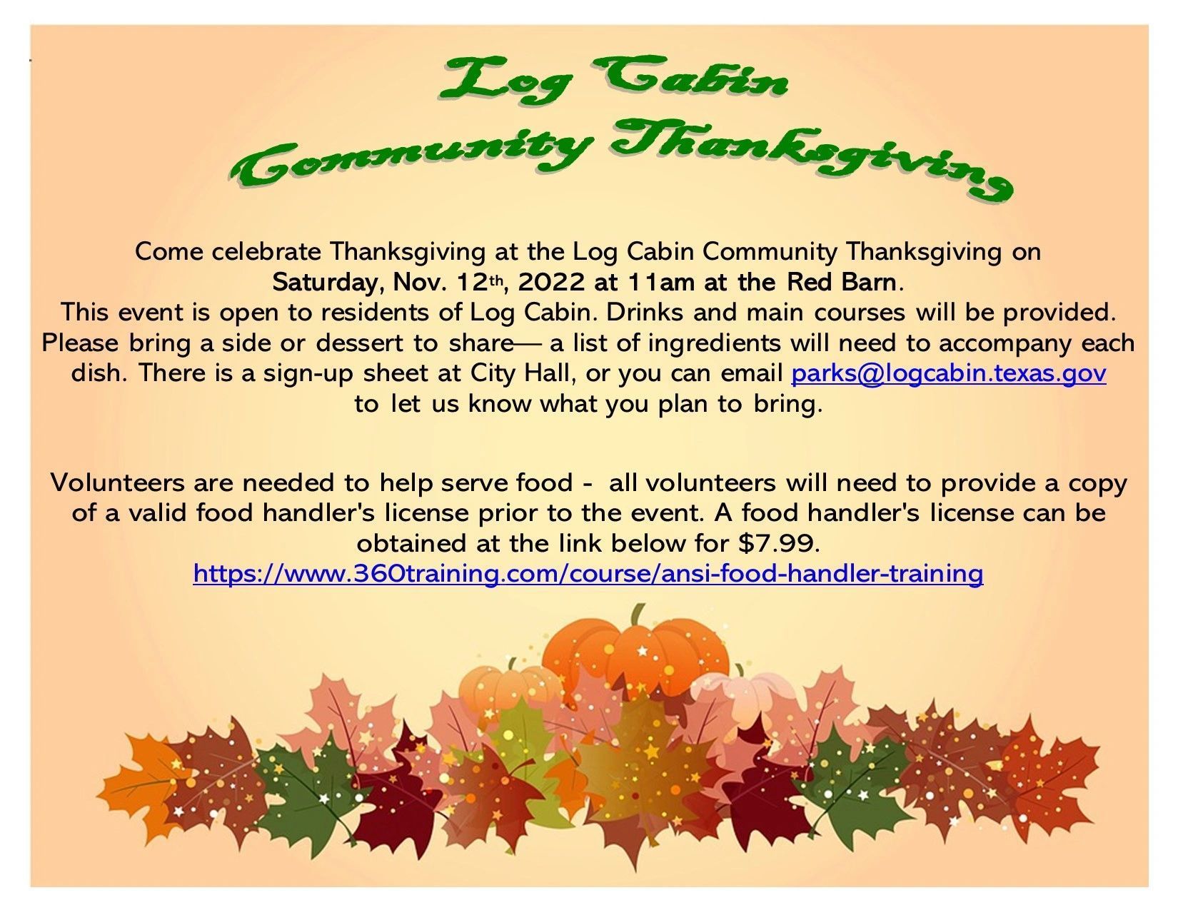 A poster for a community thanksgiving event with pumpkins and leaves