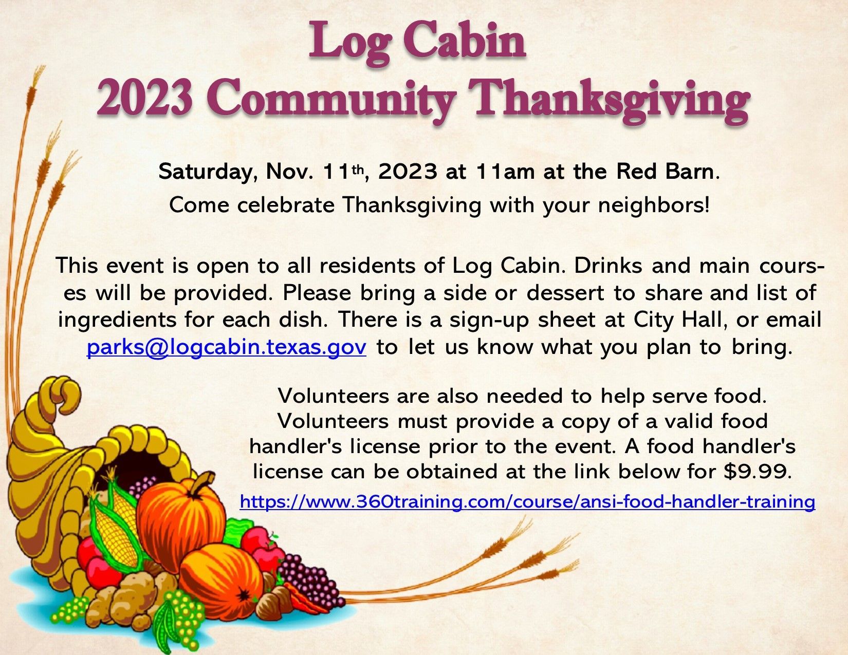 A poster for the 2023 log cabin community thanksgiving