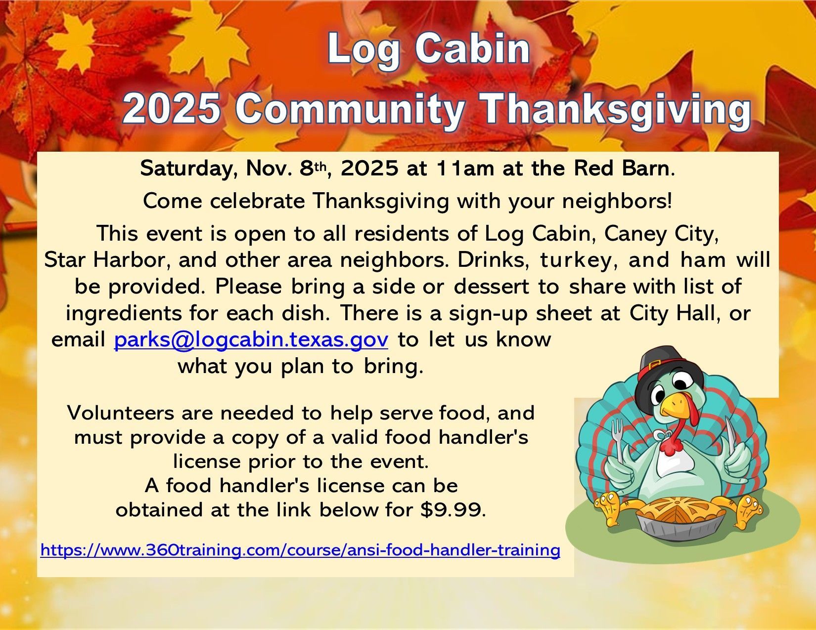 A poster for the 2025 log cabin community thanksgiving