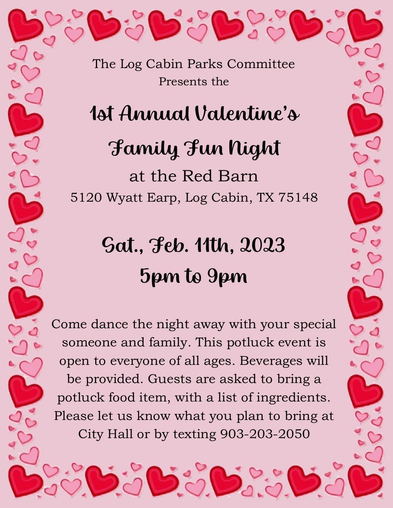 A valentine 's day invitation for a family fun night at the red barn