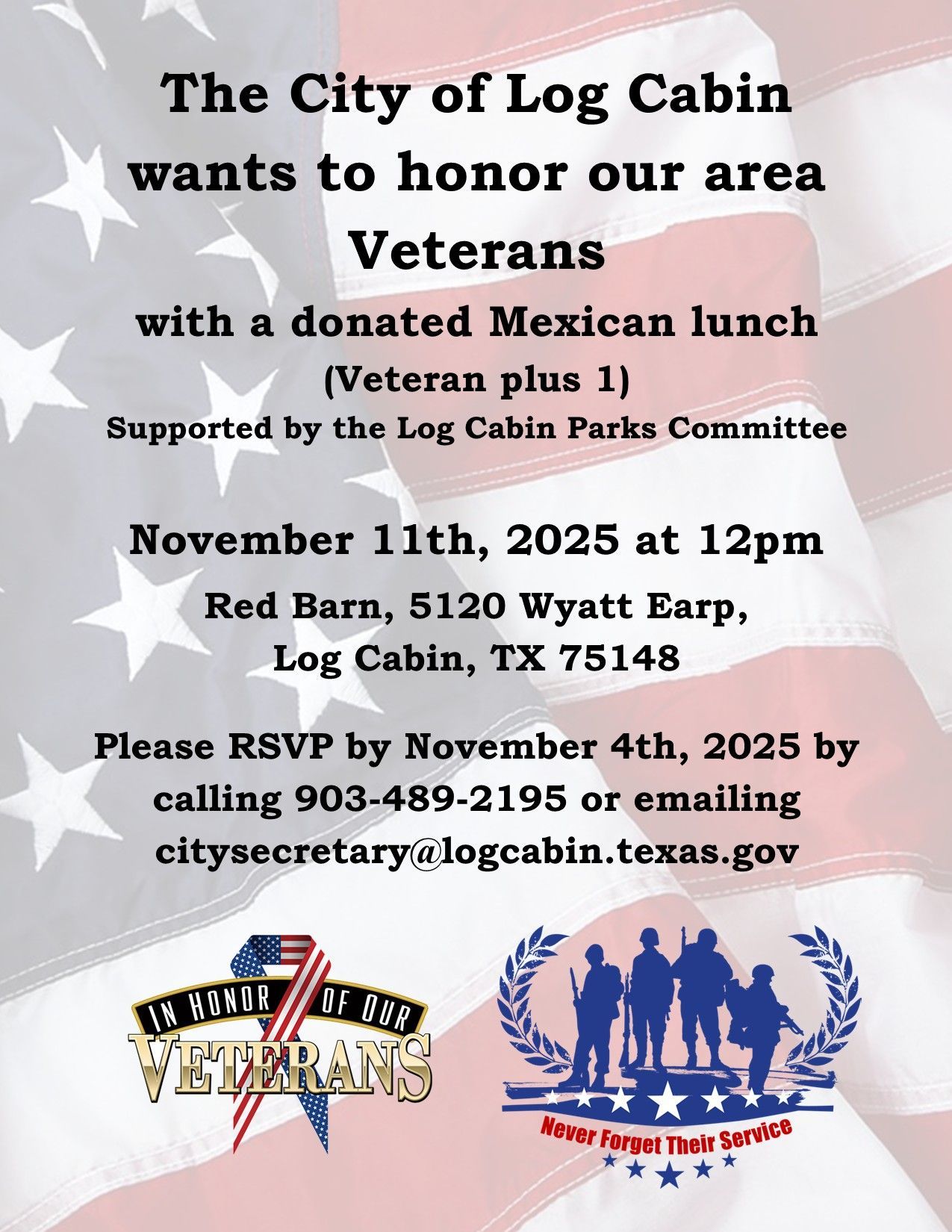 A poster for the 2025 log cabin veterans day lunch