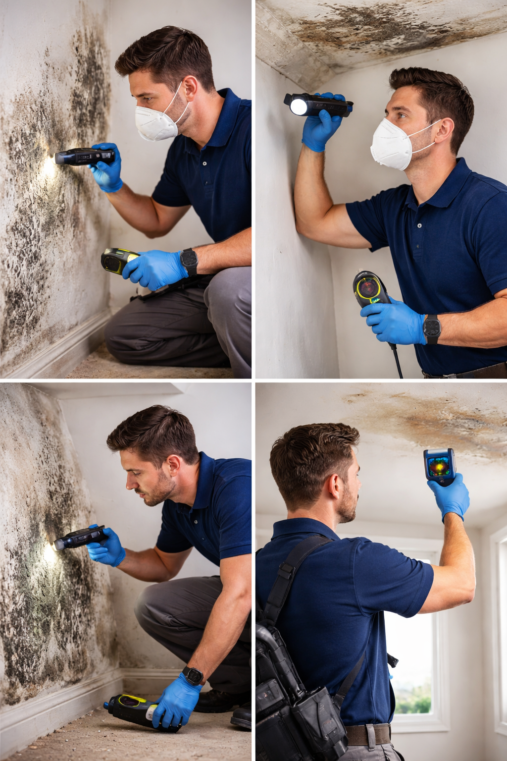 Person in protective suit cleaning mold from wall.